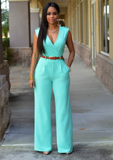 High Waist V neck Wide Leg Irregular Asymmetric Suit with Belt Jumpsuit